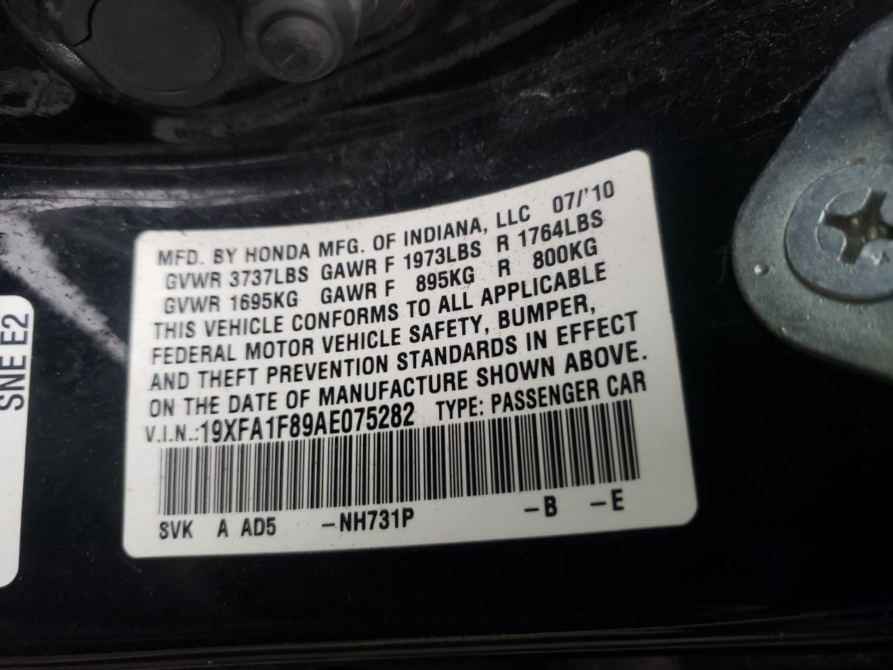 Photo 10 from auction – 2010 HONDA CIVIC with VIN 19XFA1F89AE075282