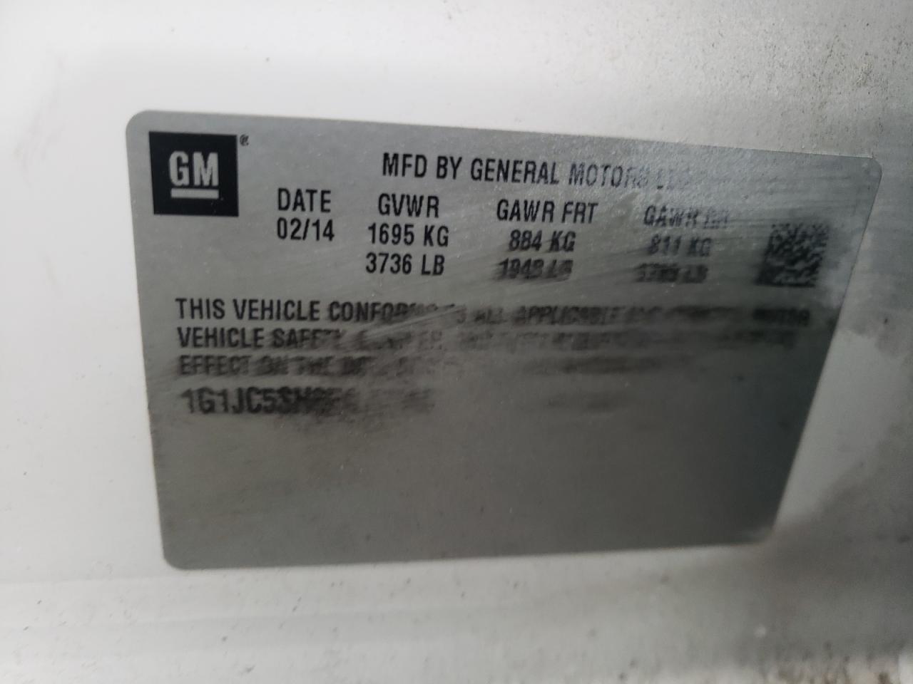 Photo 10 from auction – 2014 CHEVROLET SONIC LT with VIN 1G1JC5SH8E4177416