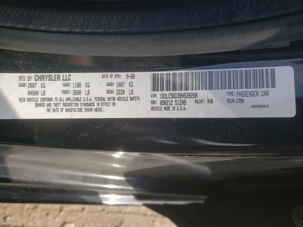 Photo 10 from auction – 2009 DODGE AVENGER SX with VIN 1B3LC56D39N520268