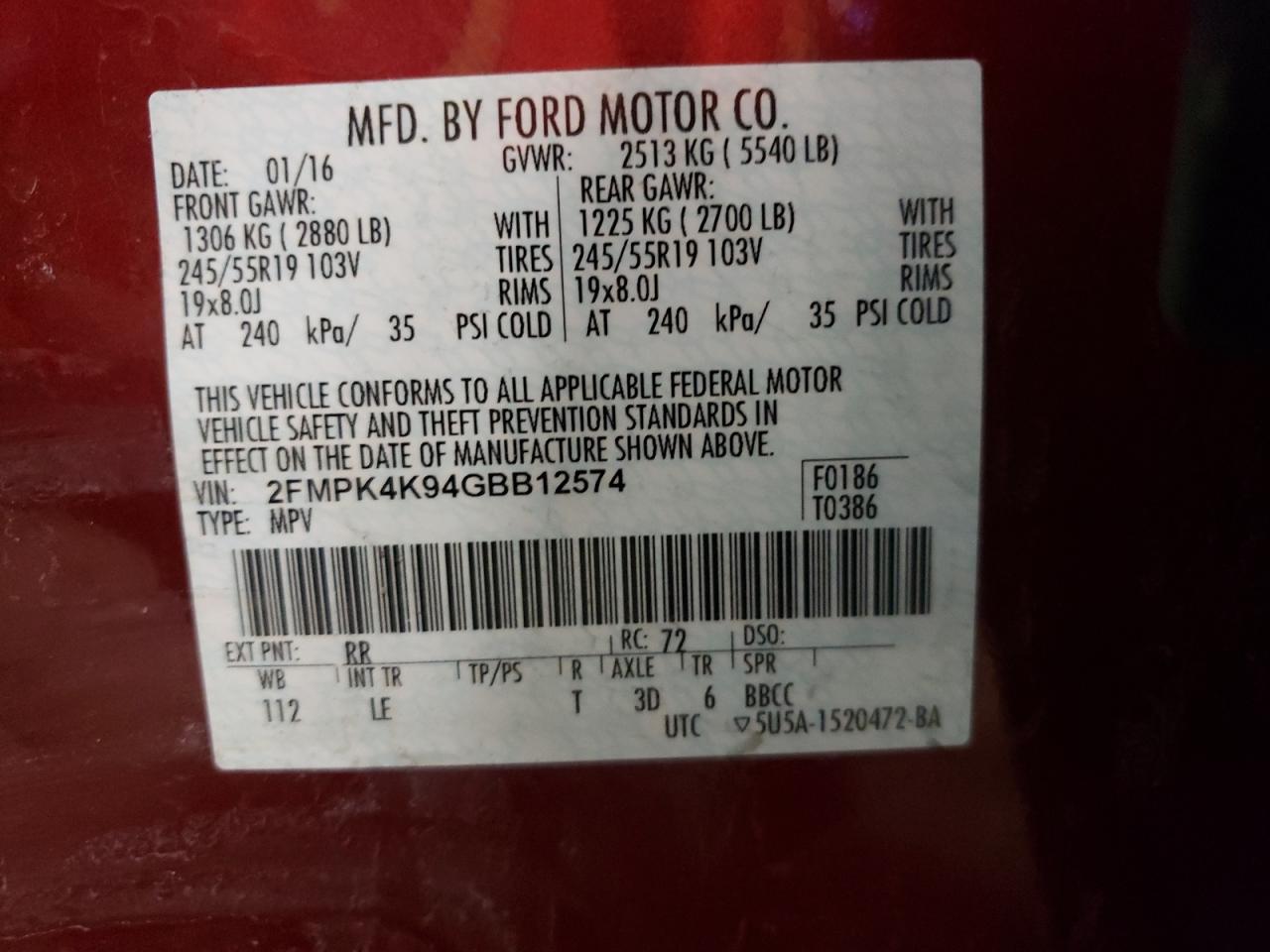 Photo 10 from auction – 2016 FORD EDGE TITAN with VIN 2FMPK4K94GBB12574