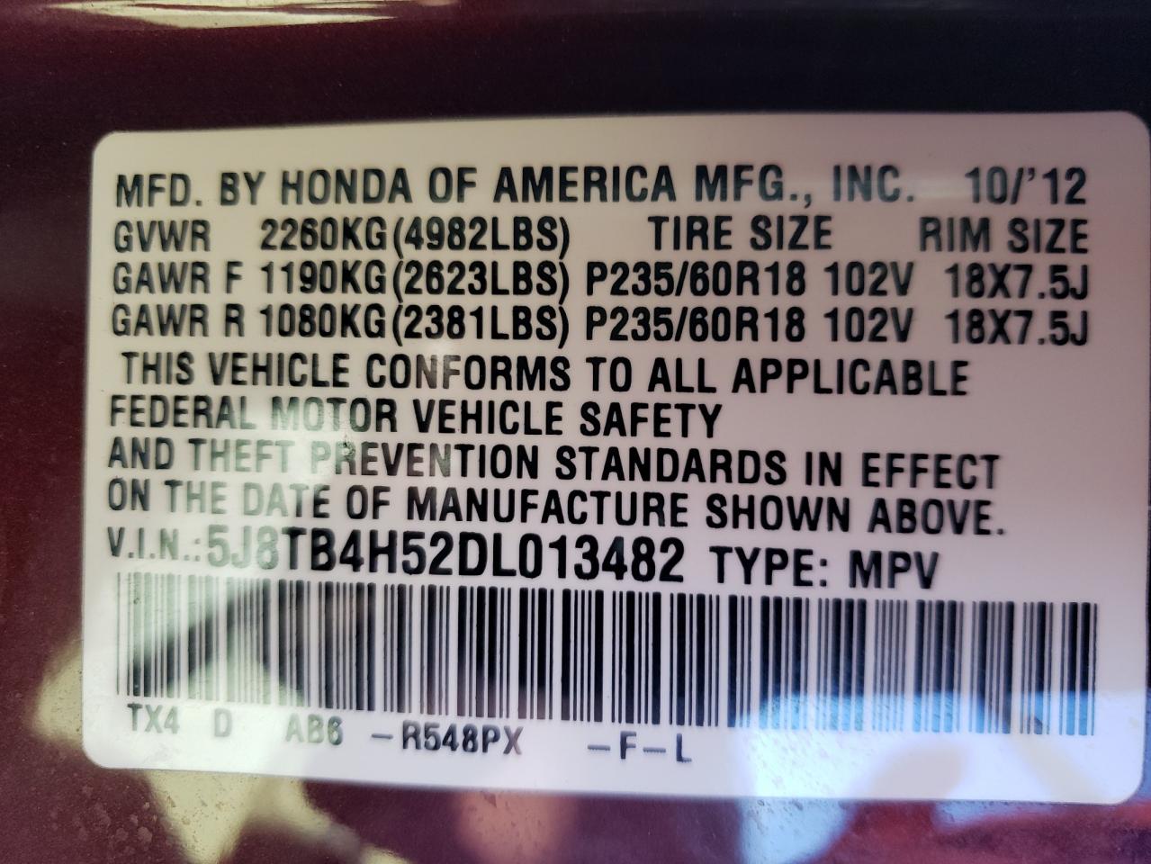 Photo 10 from auction – 2013 ACURA RDX TECHNO with VIN 5J8TB4H52DL013482