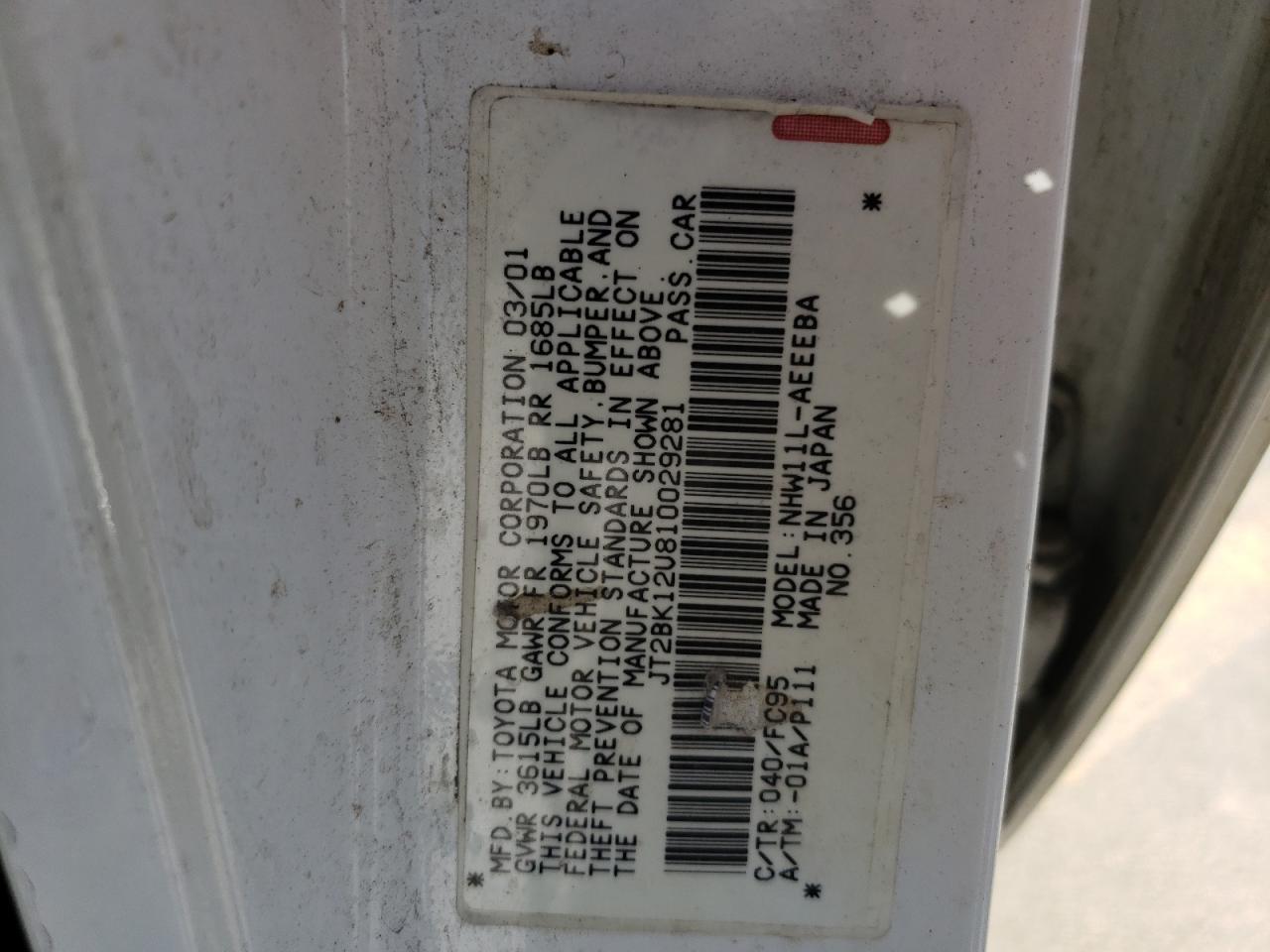 Photo 10 from auction – 2001 TOYOTA PRIUS with VIN JT2BK12U810029281