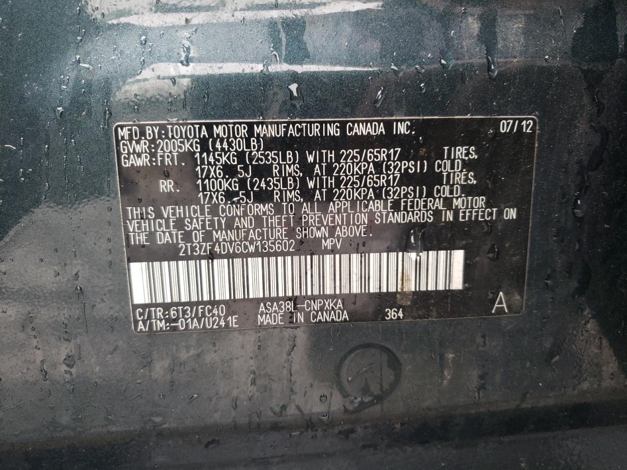 Photo 10 from auction – 2012 TOYOTA RAV4 with VIN 2T3ZF4DV6CW135602