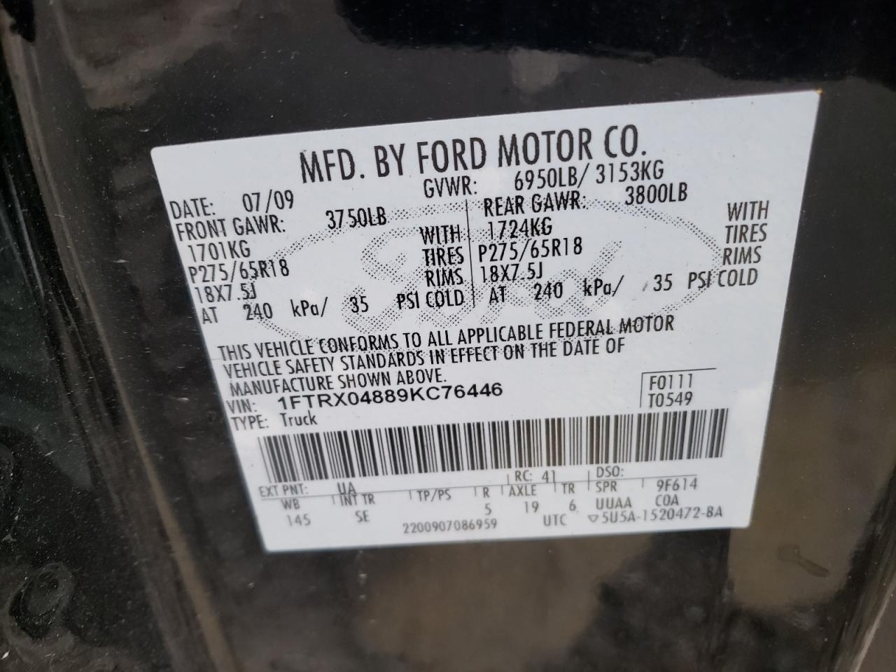 Photo 10 from auction – 2009 FORD F150 SUPER with VIN 1FTRX04889KC76446
