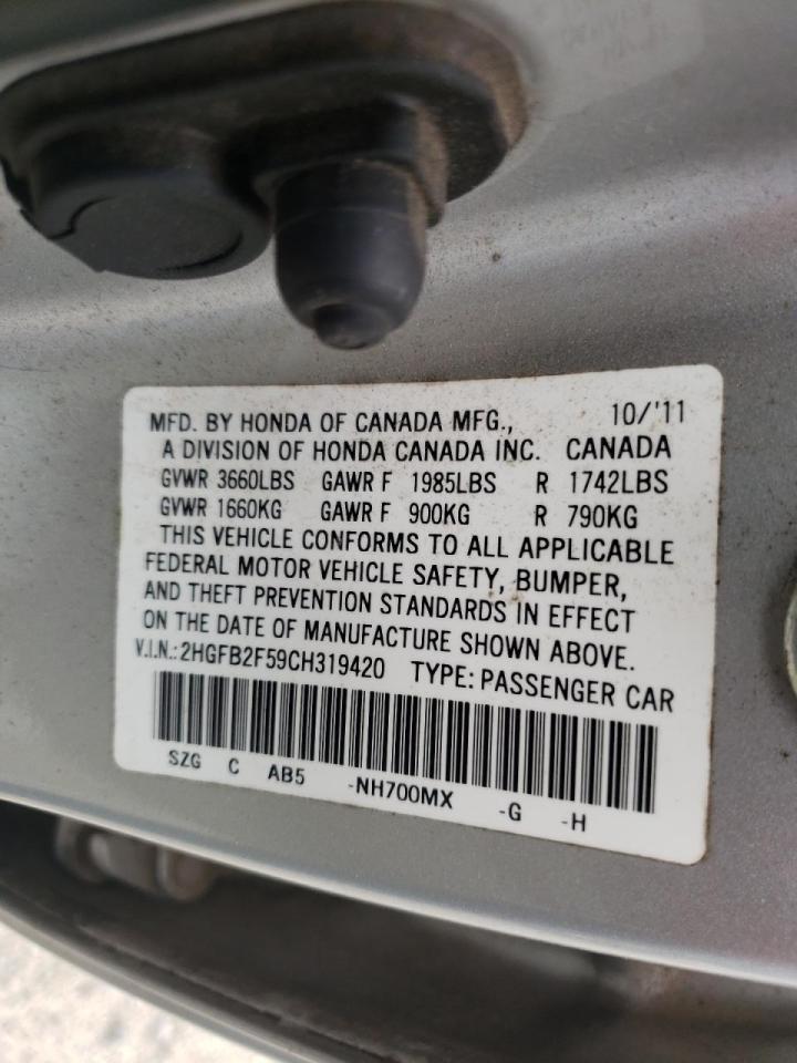 Photo 10 from auction – 2012 HONDA CIVIC LX with VIN 2HGFB2F59CH319420