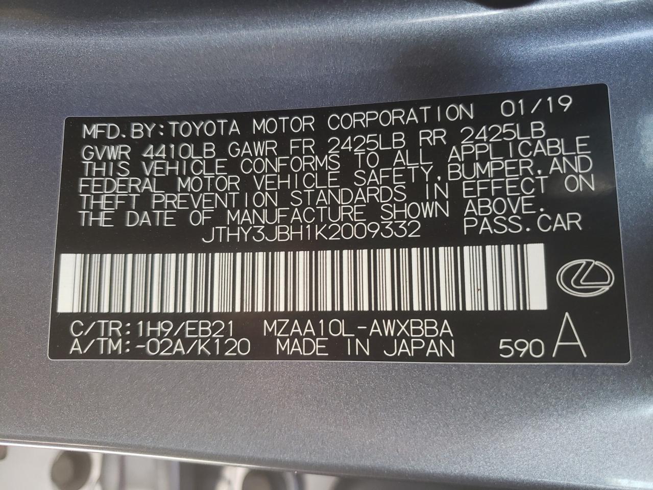 Photo 10 from auction – 2019 LEXUS UX 200 with VIN JTHY3JBH1K2009332