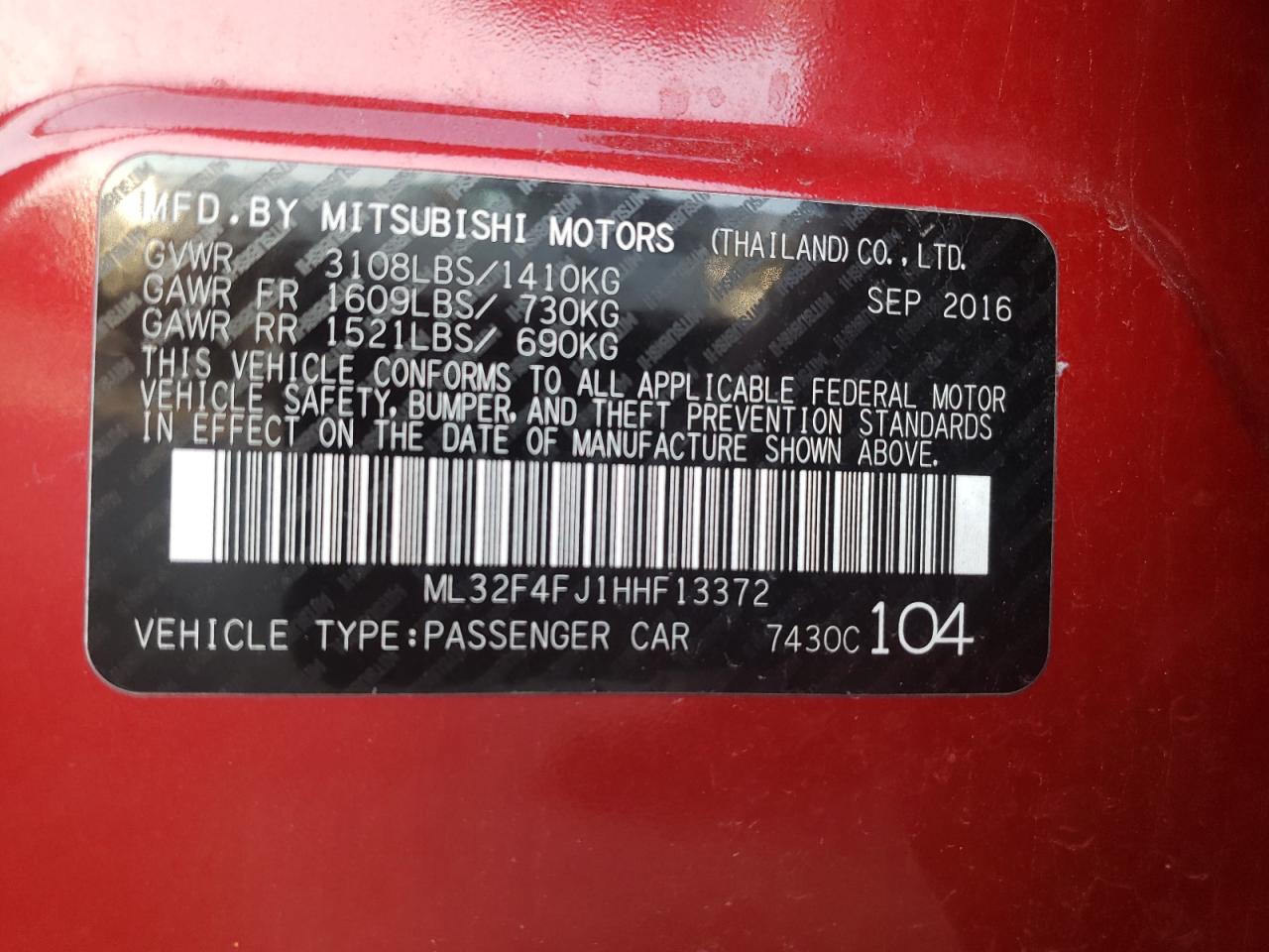 Photo 10 from auction – 2017 MITSUBISHI MIRAGE G4 with VIN ML32F4FJ1HHF13372