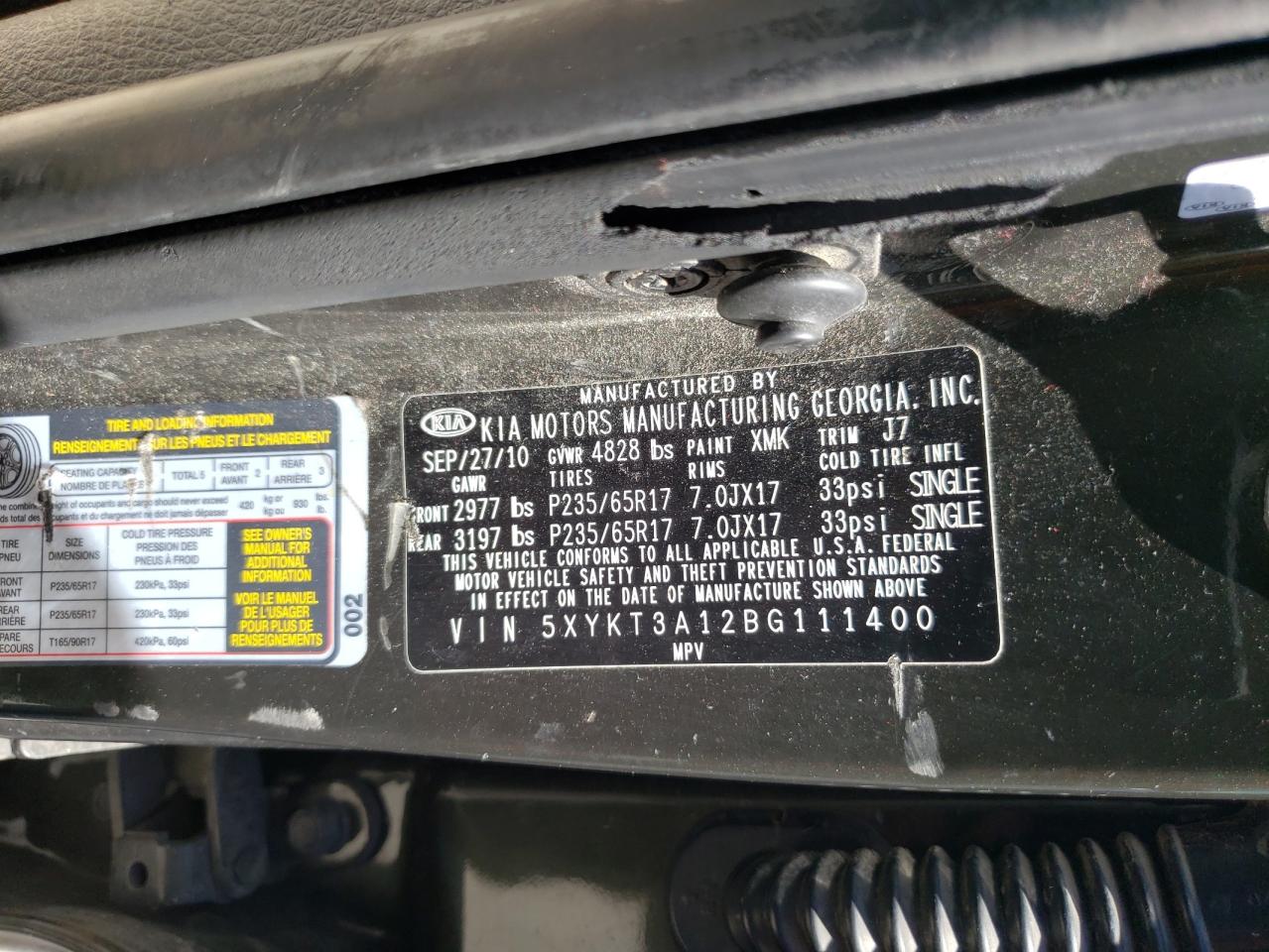 Photo 10 from auction – 2011 KIA SORENTO BA with VIN 5XYKT3A12BG111400