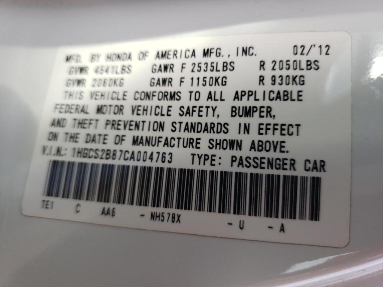 Photo 10 from auction – 2012 HONDA ACCORD EXL with VIN 1HGCS2B87CA004763
