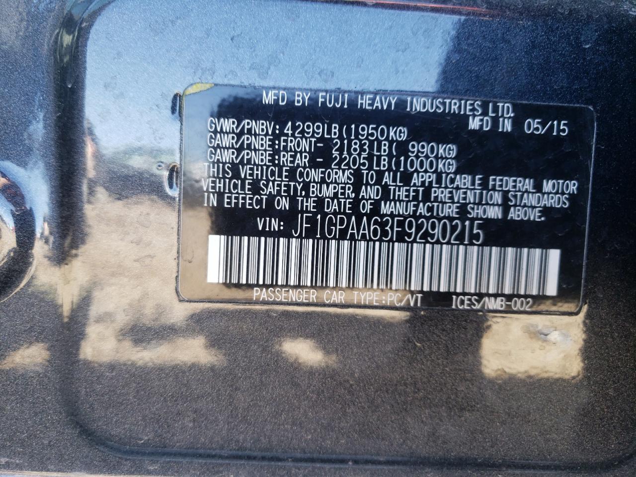 Photo 10 from auction – 2015 SUBARU IMPREZA with VIN JF1GPAA63F9290215
