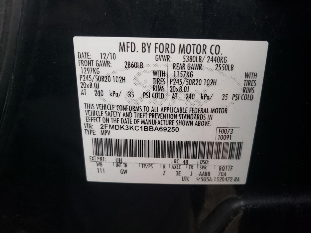 Photo 10 from auction – 2011 FORD EDGE LIMIT with VIN 2FMDK3KC1BBA69250