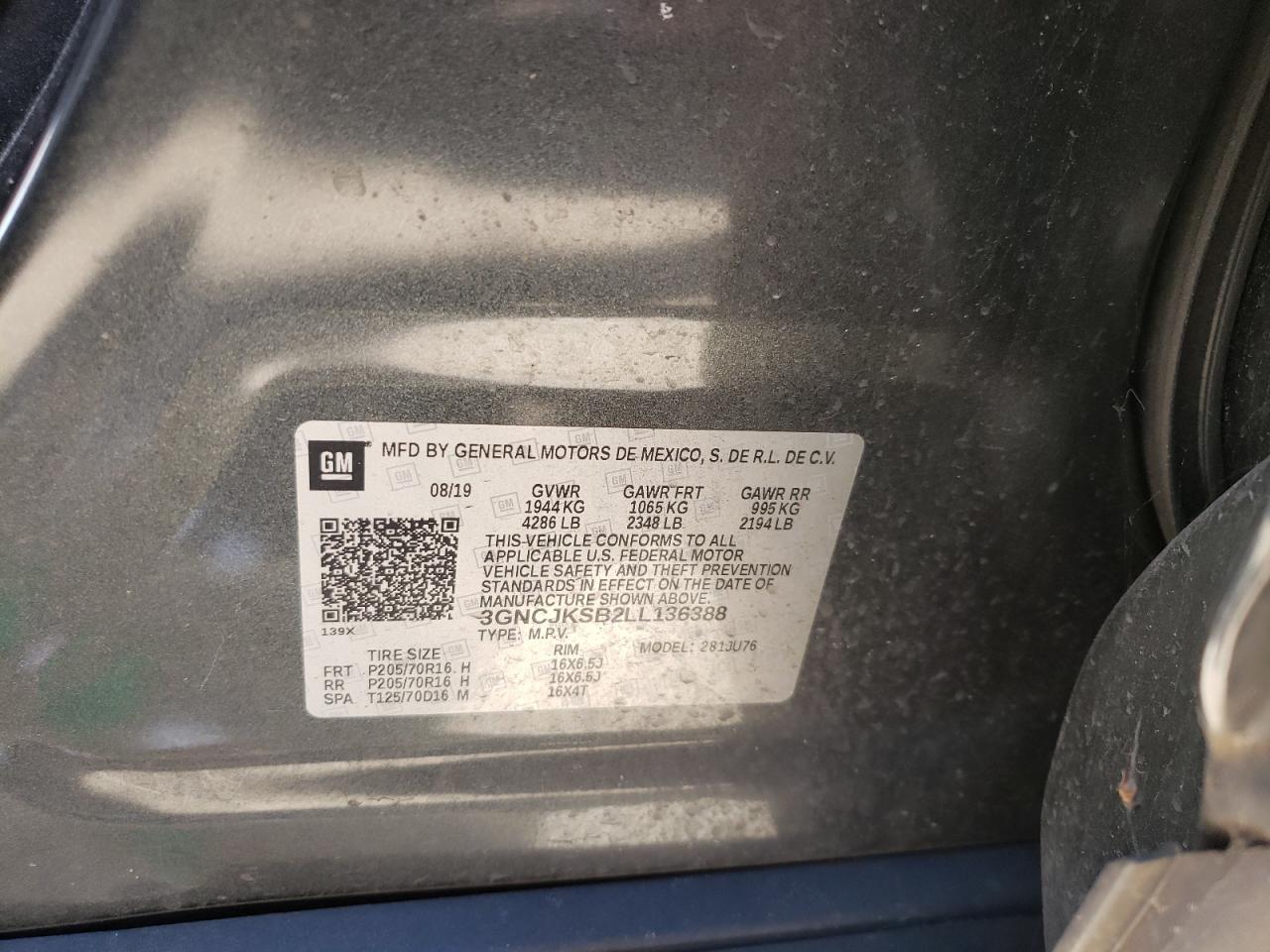 Photo 10 from auction – 2020 CHEVROLET TRAX LS with VIN 3GNCJKSB2LL136388