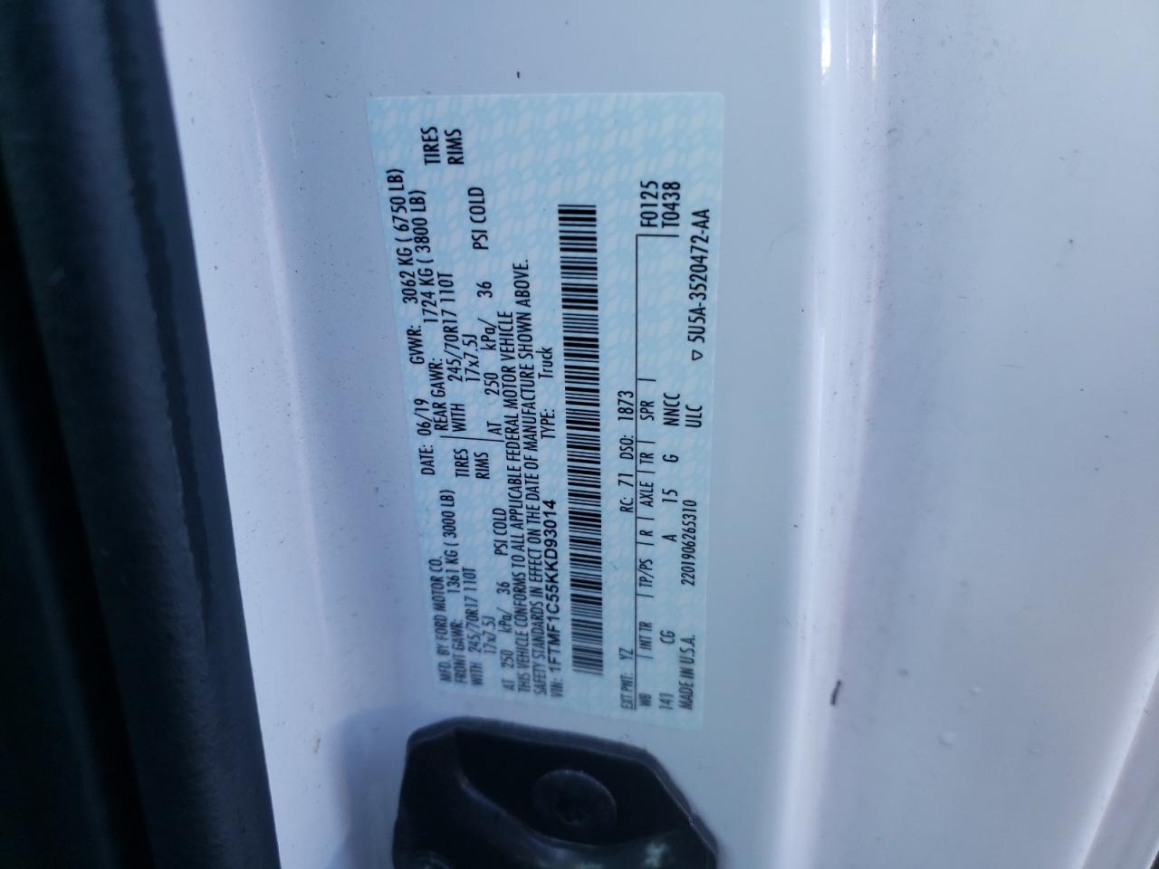 Photo 10 from auction – 2019 FORD F150 with VIN 1FTMF1C55KKD93014