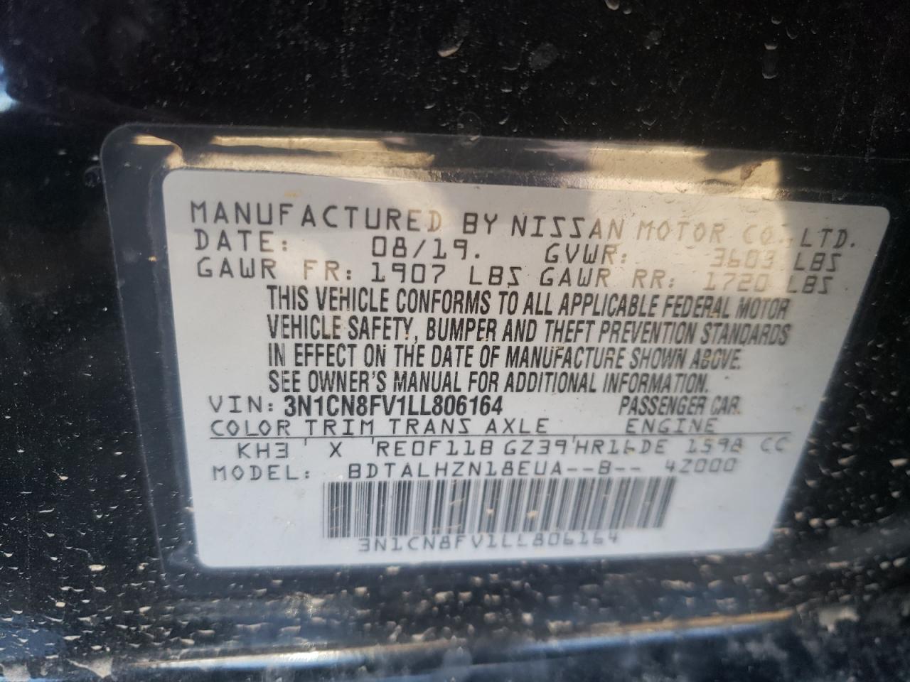 Photo 10 from auction – 2020 NISSAN VERSA SR with VIN 3N1CN8FV1LL806164