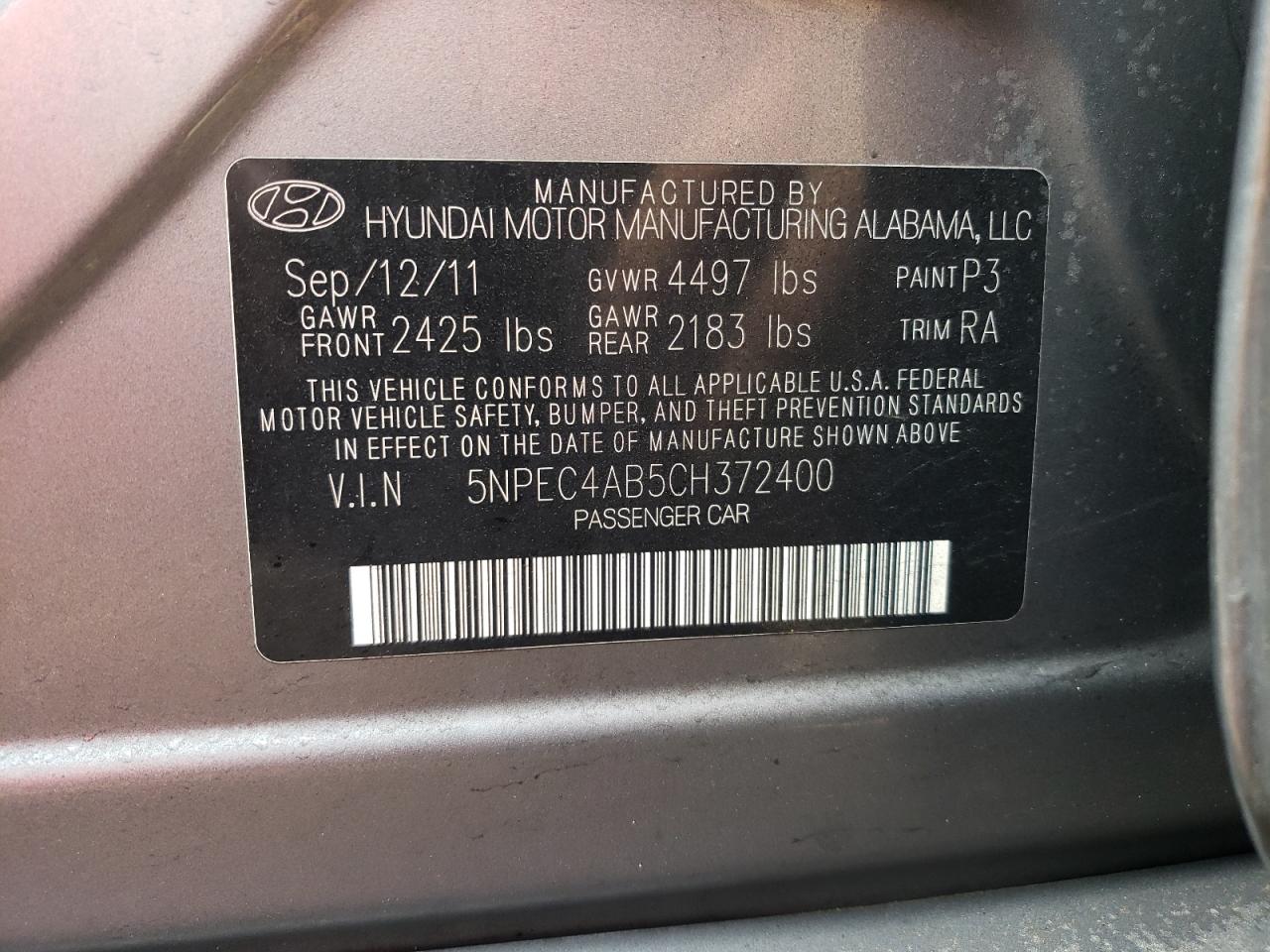 Фото 10 с аукциона – 2012 HYUNDAI SONATA SE с VIN 5NPEC4AB5CH372400