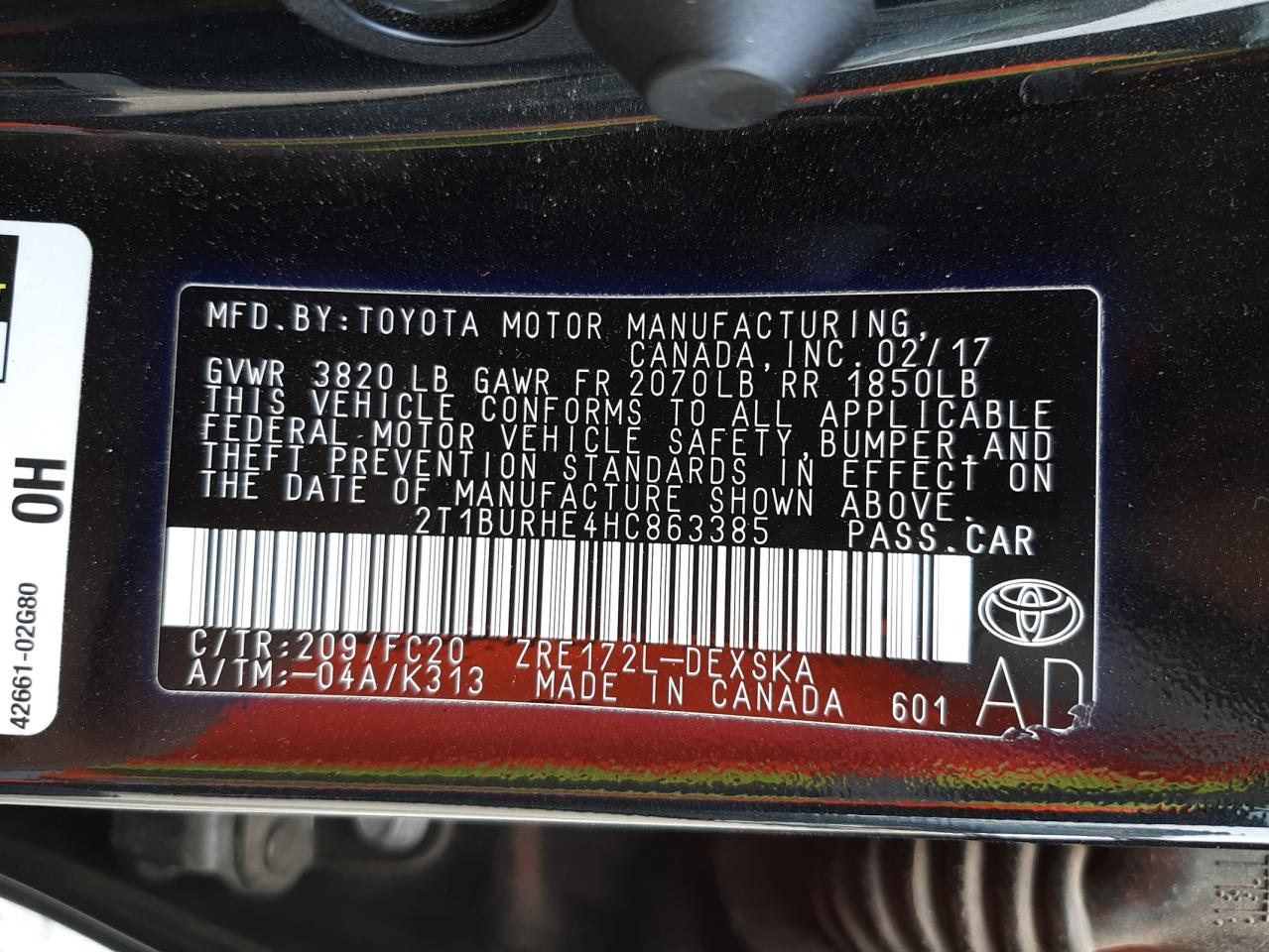 Photo 10 from auction – 2017 TOYOTA COROLLA L with VIN 2T1BURHE4HC863385