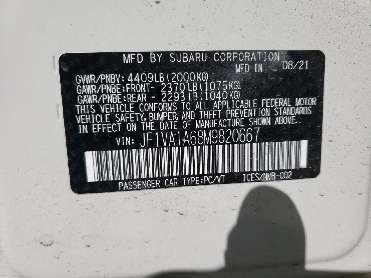 Photo 10 from auction – 2021 SUBARU WRX with VIN JF1VA1A68M9820667