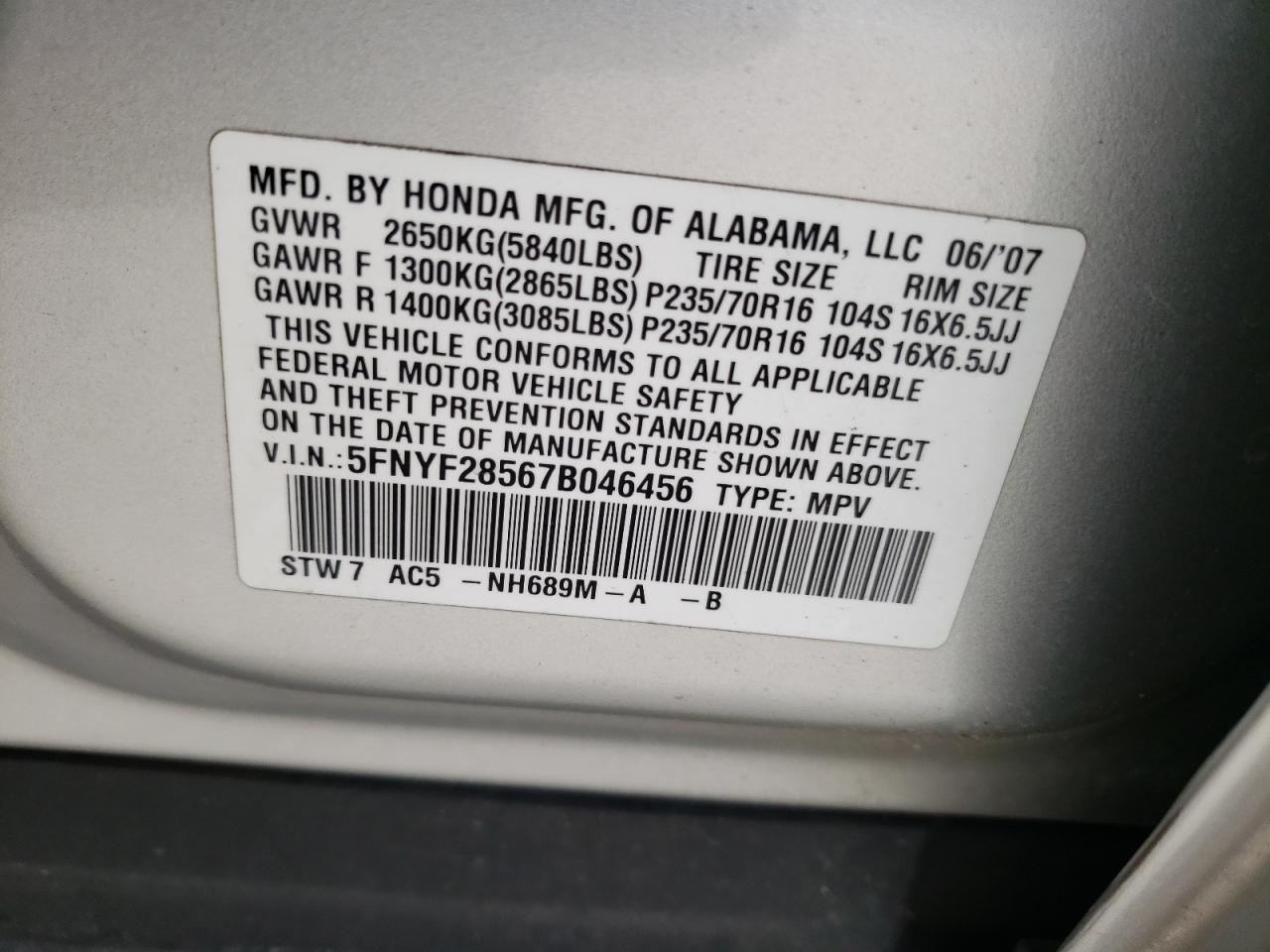 Photo 10 from auction – 2007 HONDA PILOT EXL with VIN 5FNYF28567B046456