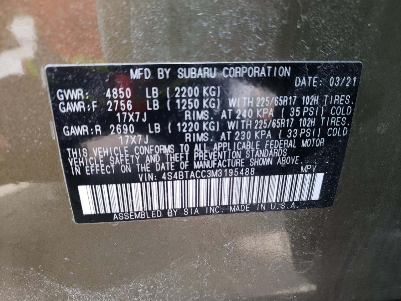 Photo 10 from auction – 2021 SUBARU OUTBACK PR with VIN 4S4BTACC3M3195488