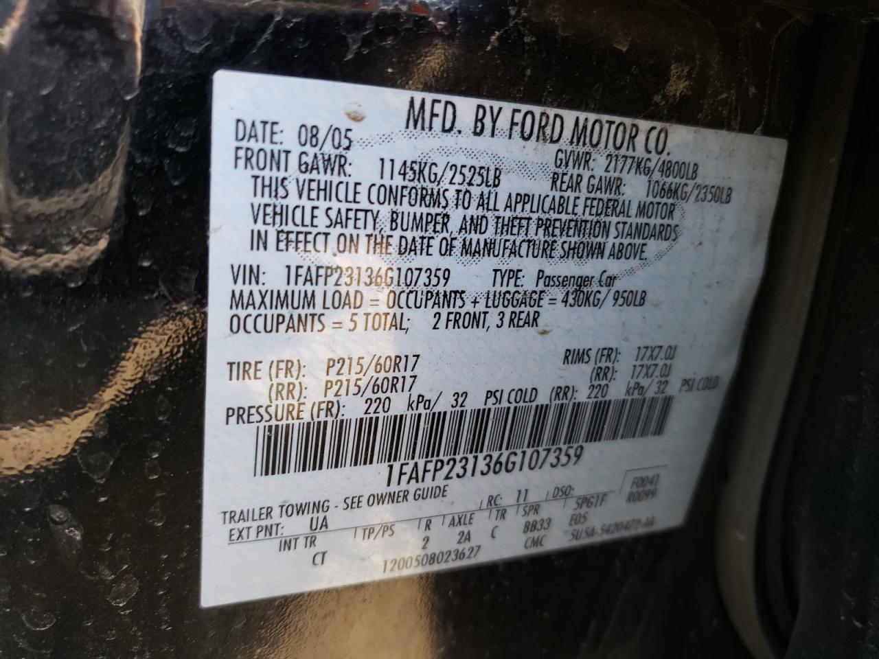 Photo 10 from auction – 2006 FORD FIVE HUNDR with VIN 1FAFP23136G107359