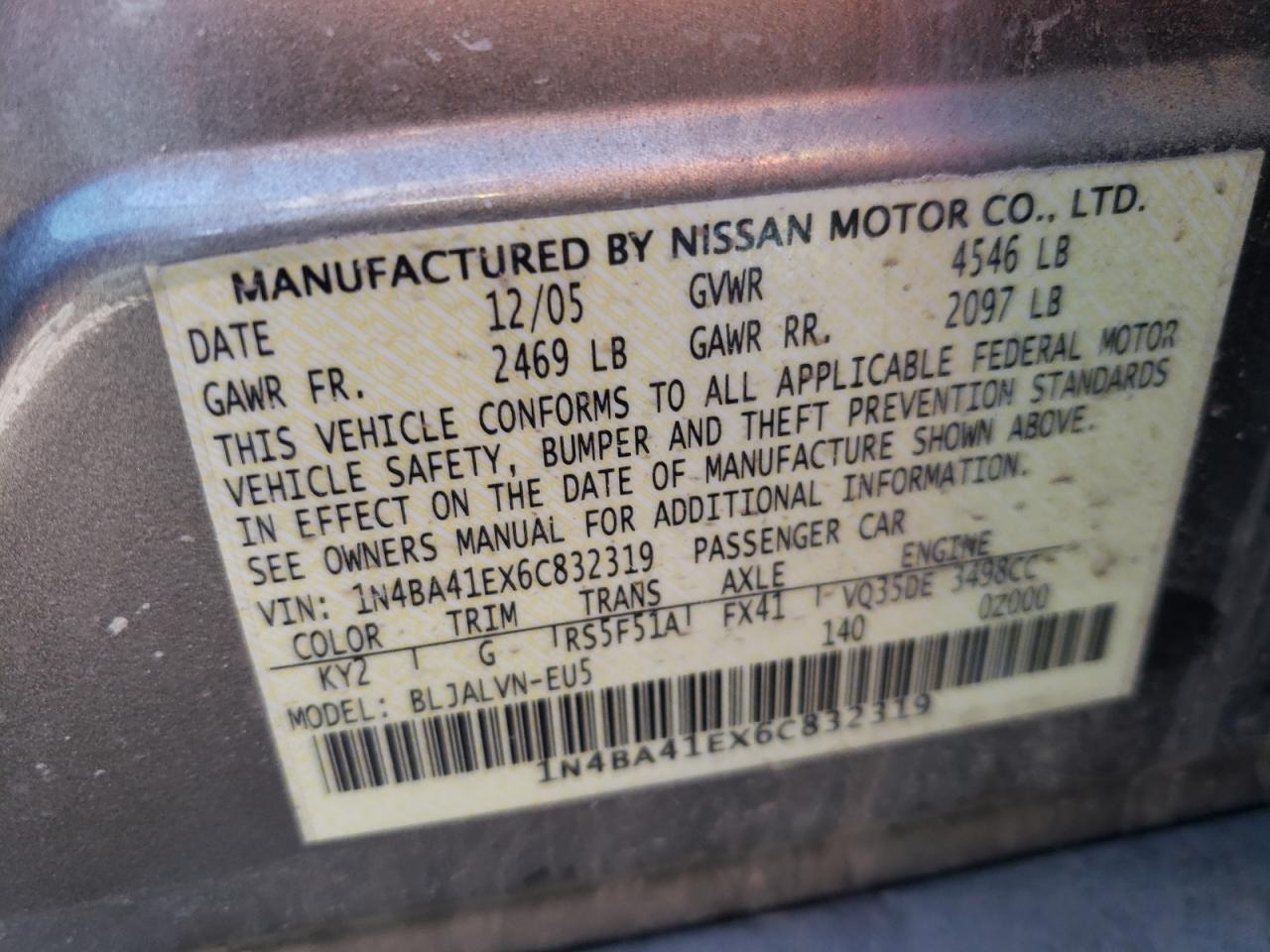 Photo 10 from auction – 2006 NISSAN MAXIMA with VIN 1N4BA41EX6C832319
