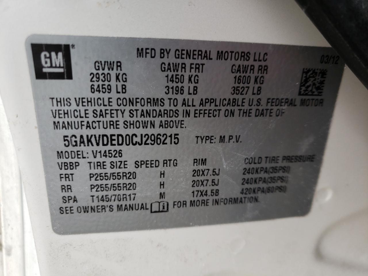 Photo 10 from auction – 2012 BUICK ENCLAVE with VIN 5GAKVDED0CJ296215