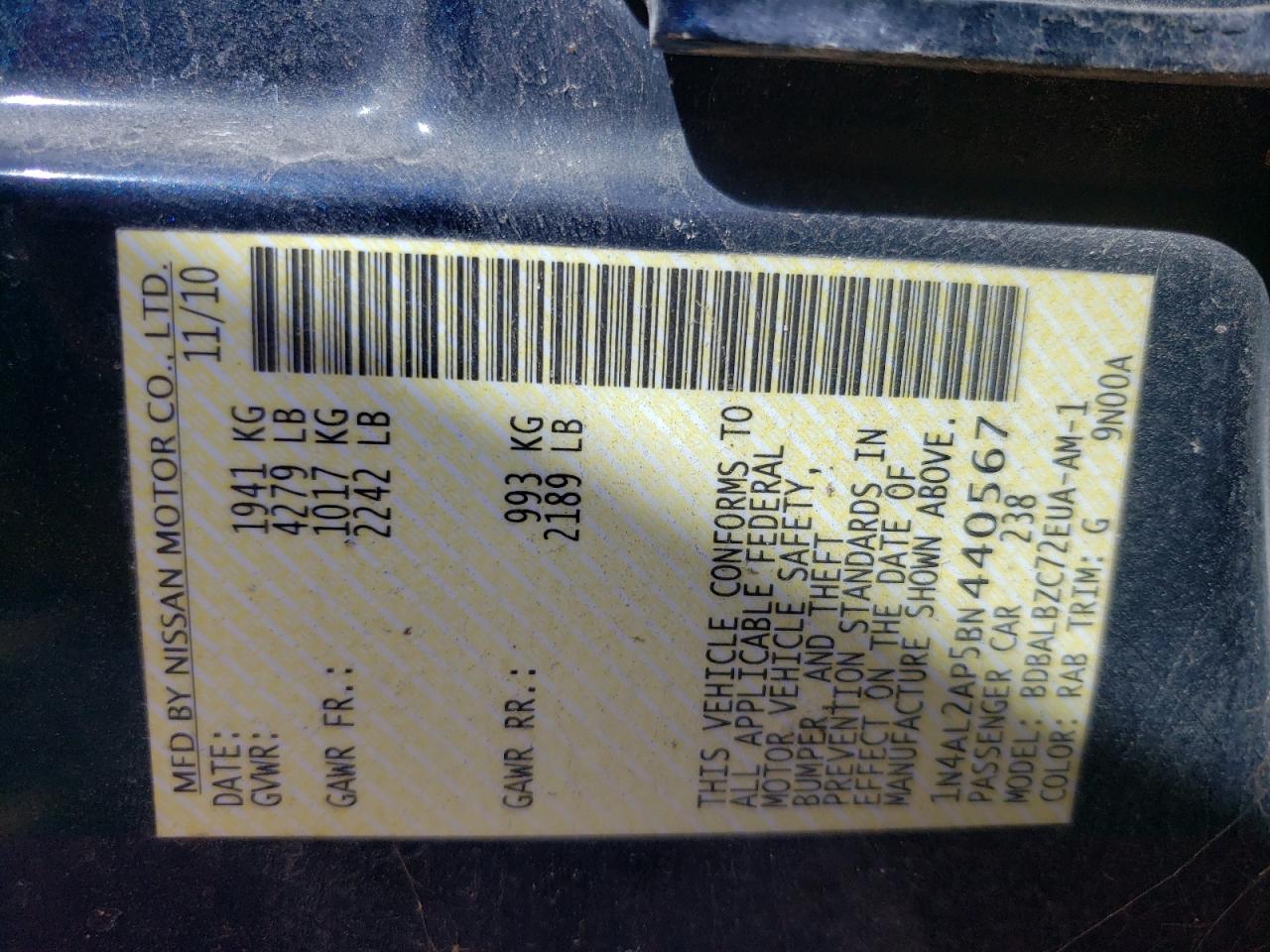 Photo 10 from auction – 2011 NISSAN ALTIMA BAS with VIN 1N4AL2AP5BN440567