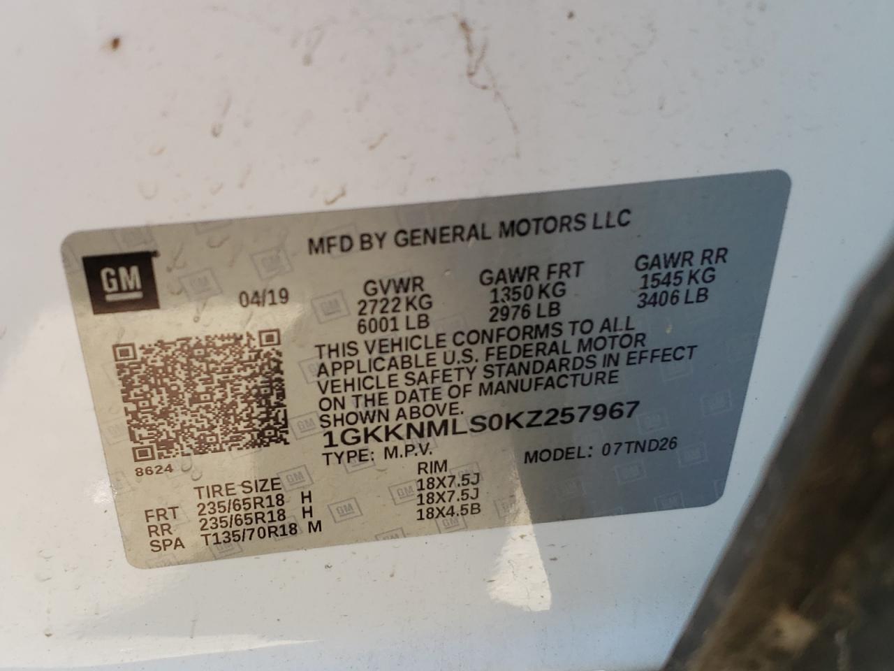 Photo 10 from auction – 2019 GMC ACADIA SLT with VIN 1GKKNMLS0KZ257967