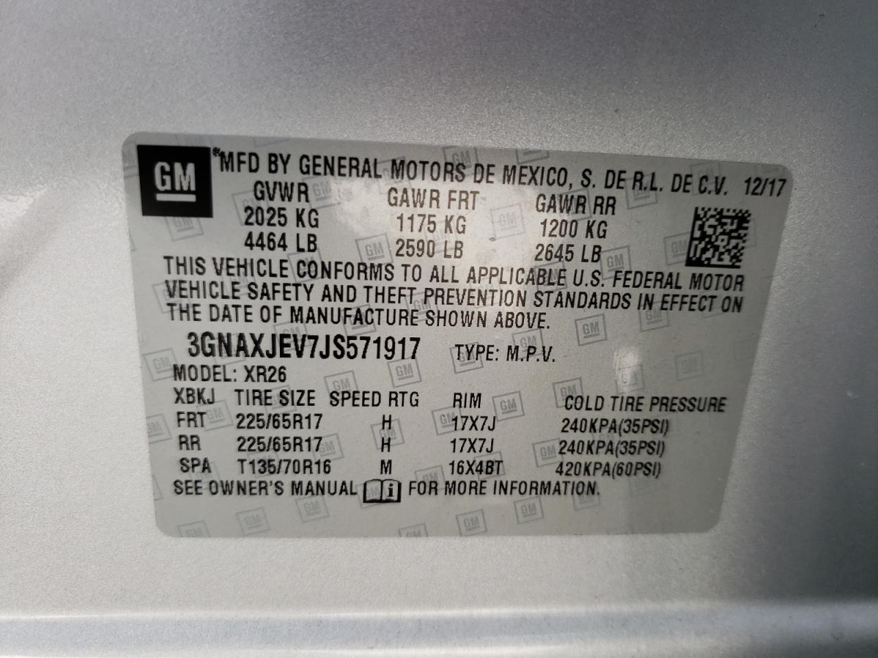 Photo 20 from auction – 2018 CHEVROLET EQUINOX LT with VIN 3GNAXJEV7JS571917