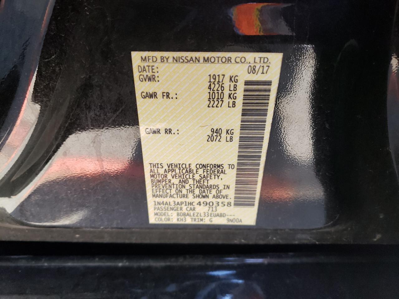 Photo 10 from auction – 2017 NISSAN ALTIMA 2.5 with VIN 1N4AL3AP1HC490358