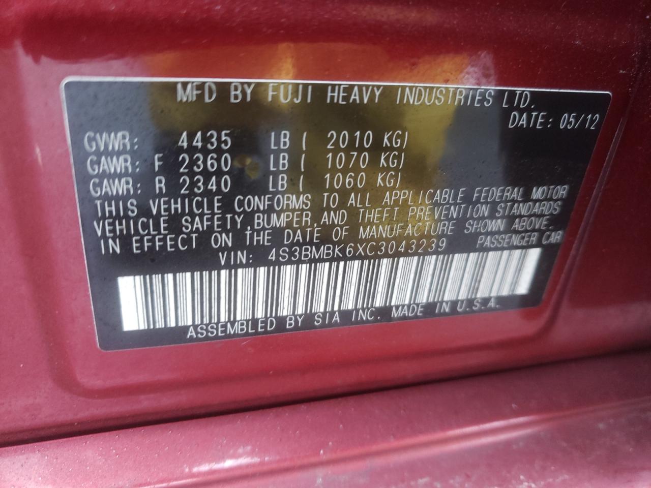 Photo 10 from auction – 2012 SUBARU LEGACY 2.5 with VIN 4S3BMBK6XC3043239
