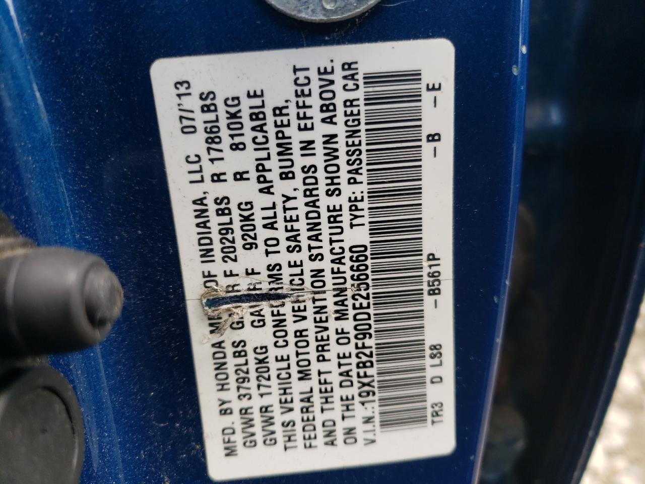 Photo 10 from auction – 2013 HONDA CIVIC EXL with VIN 19XFB2F90DE256660