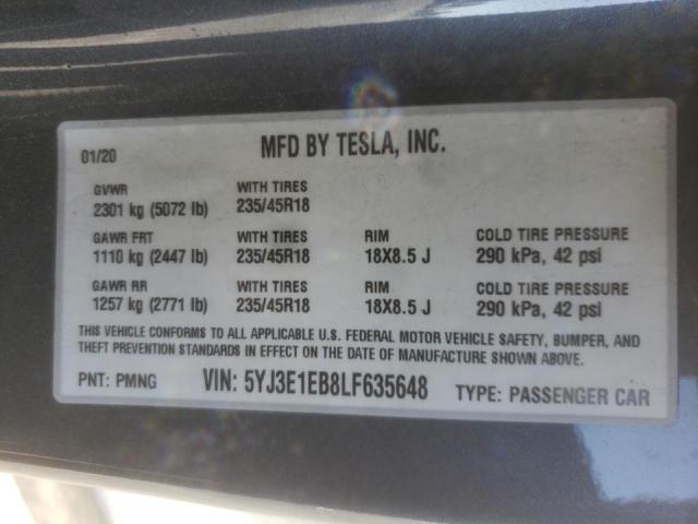 Photo 10 from auction – 2020 TESLA MODEL 3 with VIN 5YJ3E1EB8LF635648