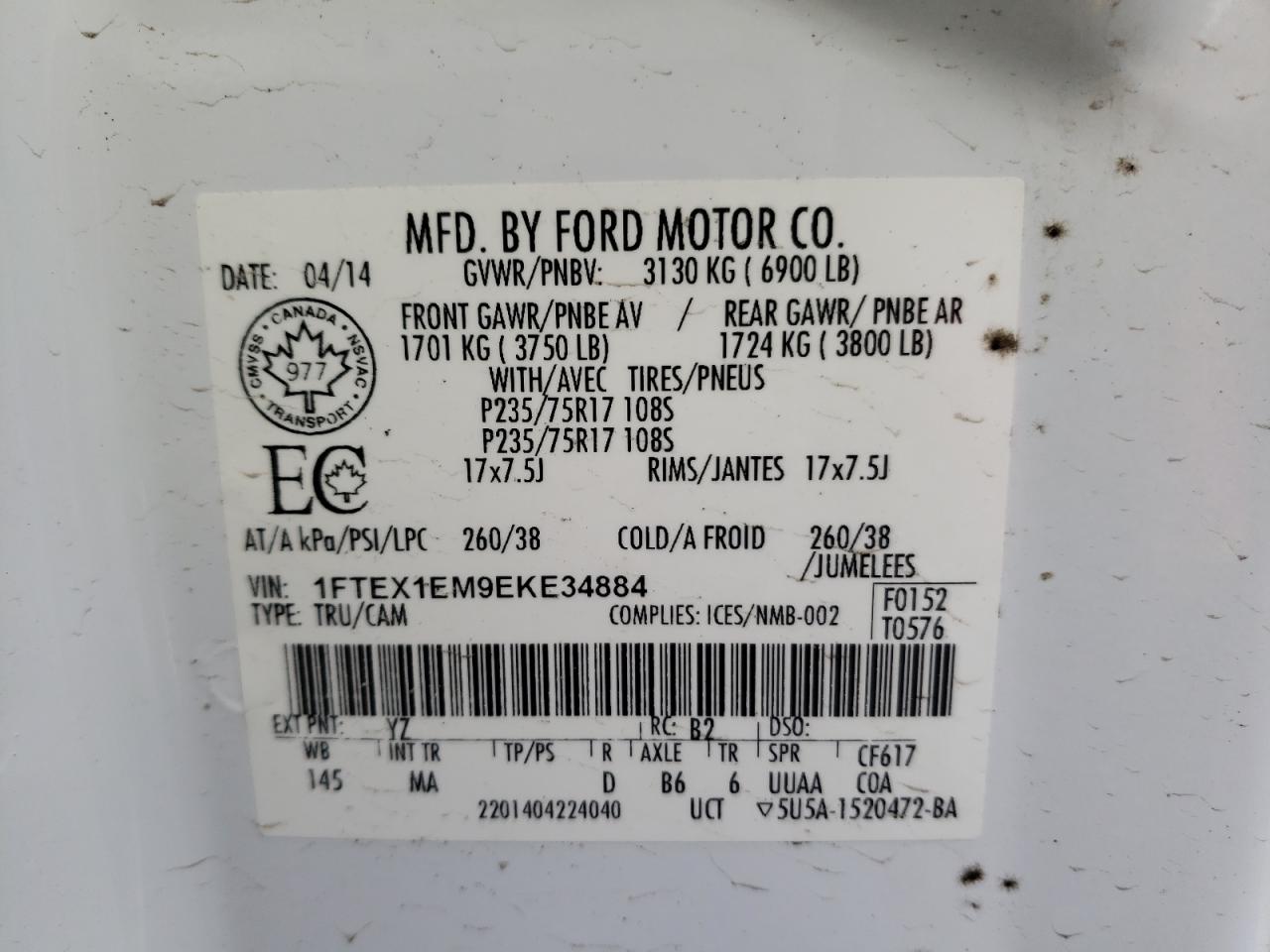 Photo 10 from auction – 2014 FORD F150 SUPER with VIN 1FTEX1EM9EKE34884