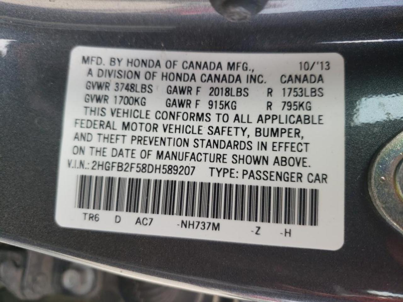 Photo 10 from auction – 2013 HONDA CIVIC LX with VIN 2HGFB2F58DH589207