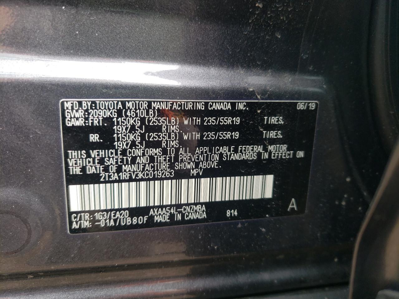 Photo 10 from auction – 2019 TOYOTA RAV4 XLE P with VIN 2T3A1RFV3KC019263