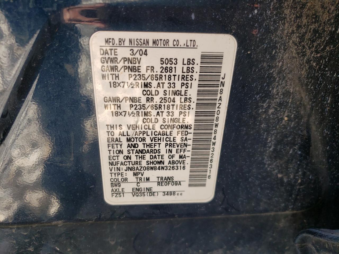 Photo 10 from auction – 2004 NISSAN MURANO SL with VIN JN8AZ08W84W326316
