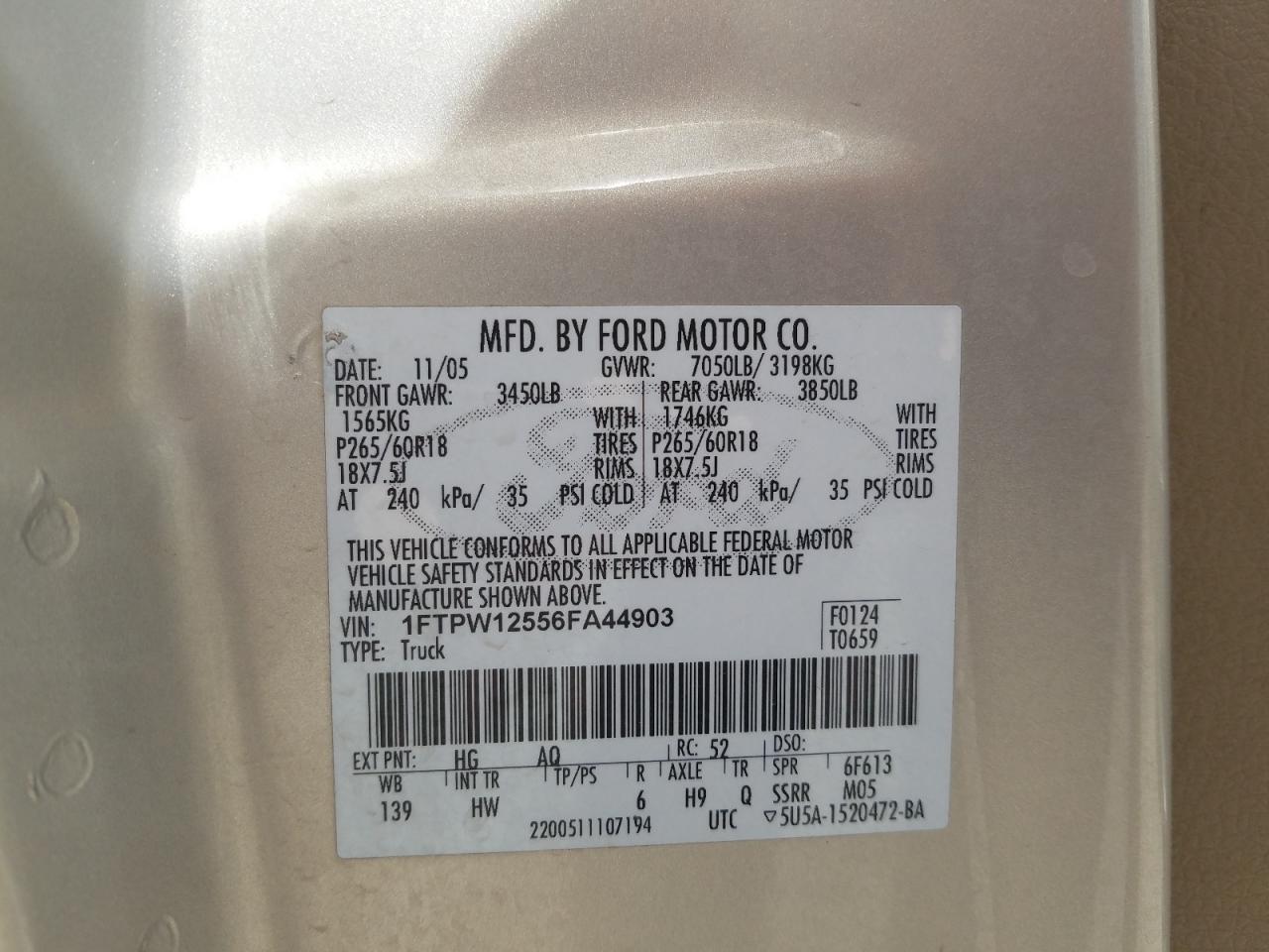Photo 10 from auction – 2006 FORD F150 SUPER with VIN 1FTPW12556FA44903