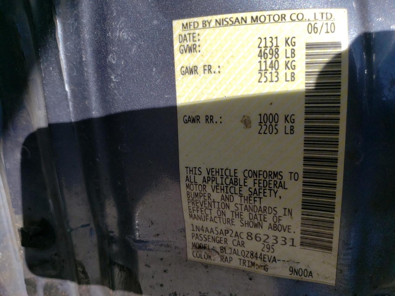 Photo 10 from auction – 2010 NISSAN MAXIMA S with VIN 1N4AA5AP2AC862331