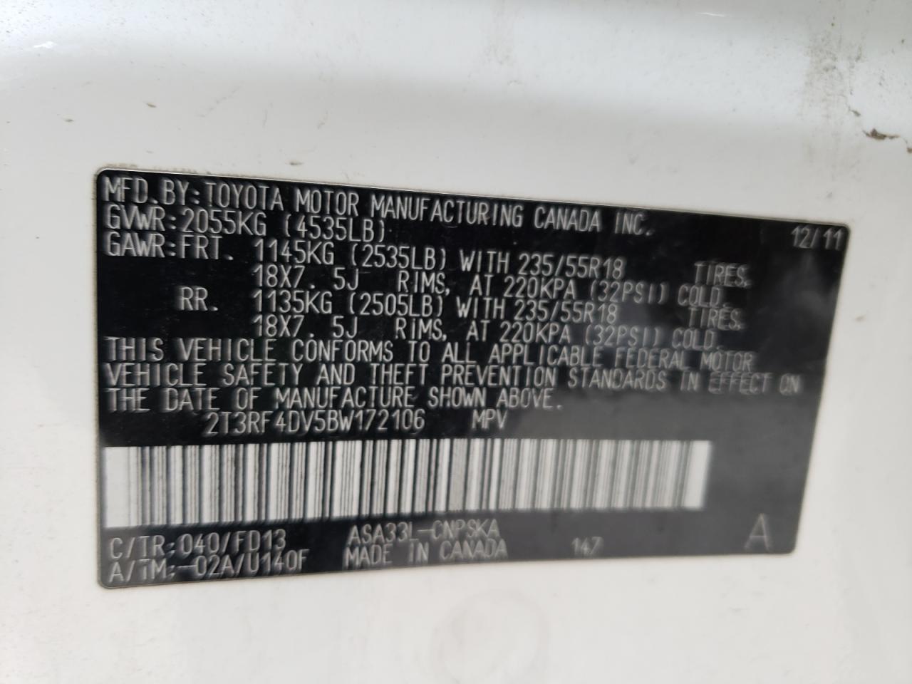 Photo 10 from auction – 2011 TOYOTA RAV4 SPORT with VIN 2T3RF4DV5BW172106