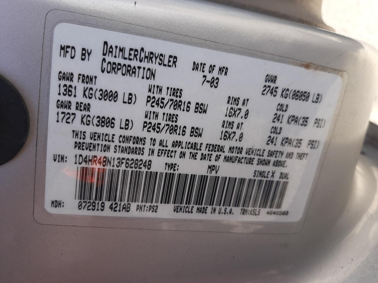 Photo 10 from auction – 2003 DODGE DURANGO SL with VIN 1D4HR48N13F628248