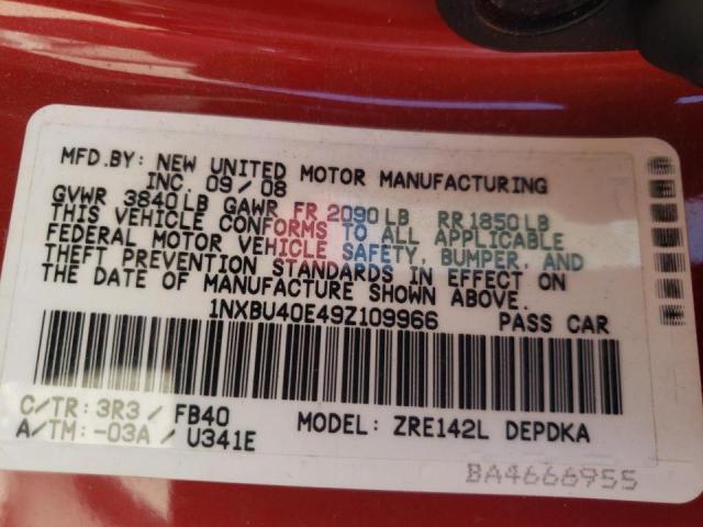 Photo 10 from auction – 2009 TOYOTA COROLLA BA with VIN 1NXBU40E49Z109966