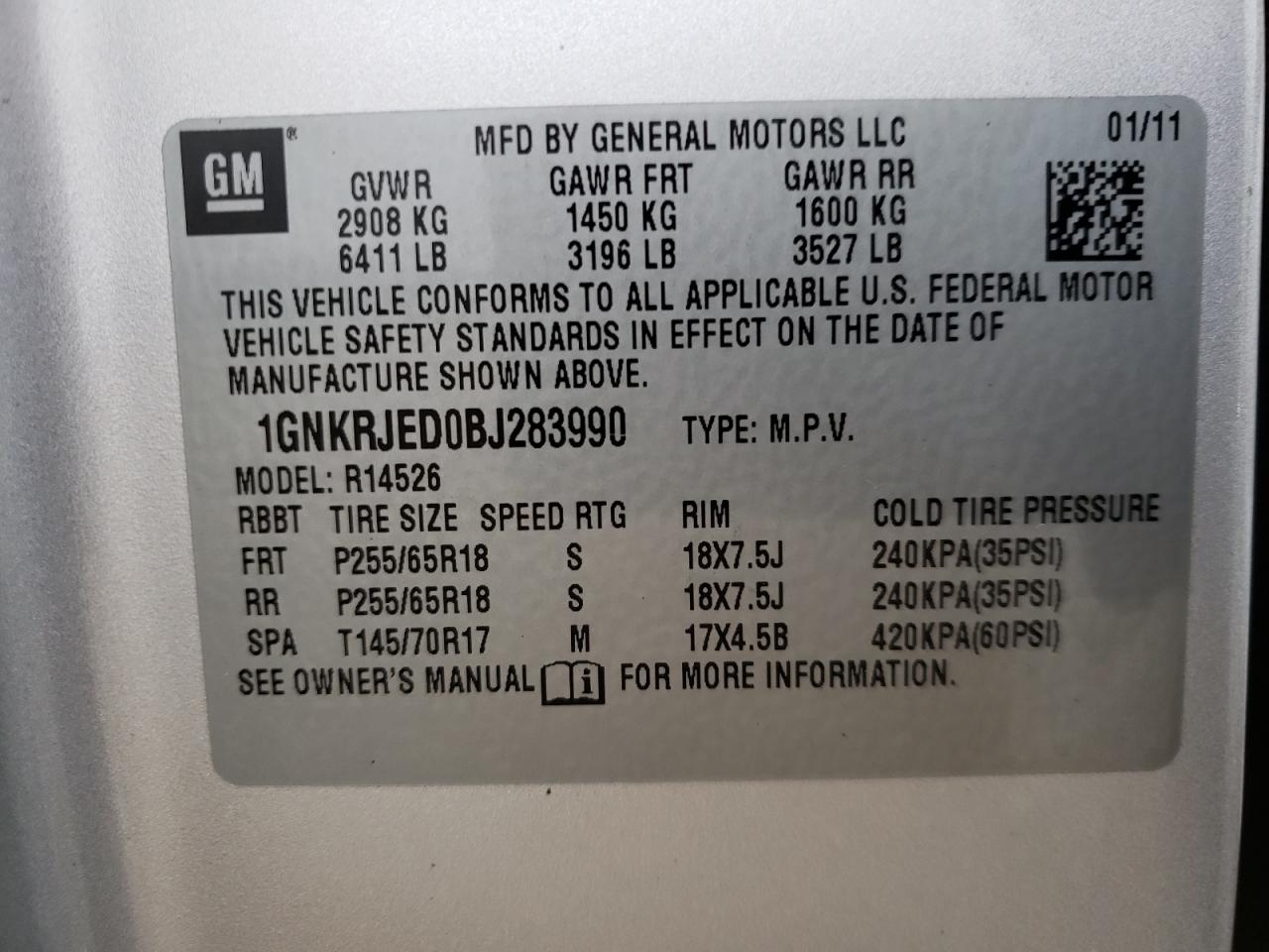 Photo 10 from auction – 2011 CHEVROLET TRAVERSE L with VIN 1GNKRJED0BJ283990