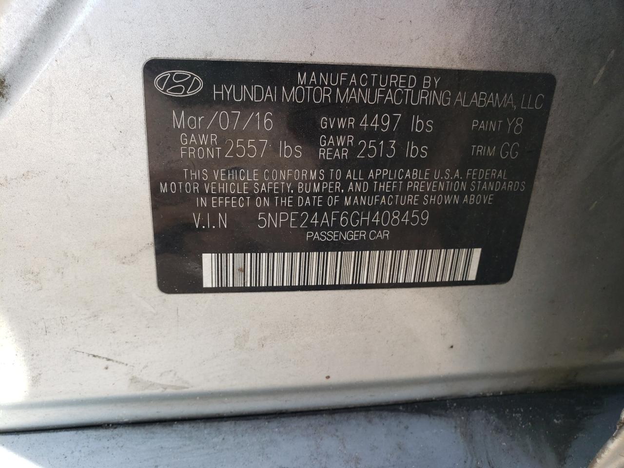 Photo 10 from auction – 2016 HYUNDAI SONATA SE with VIN 5NPE24AF6GH408459