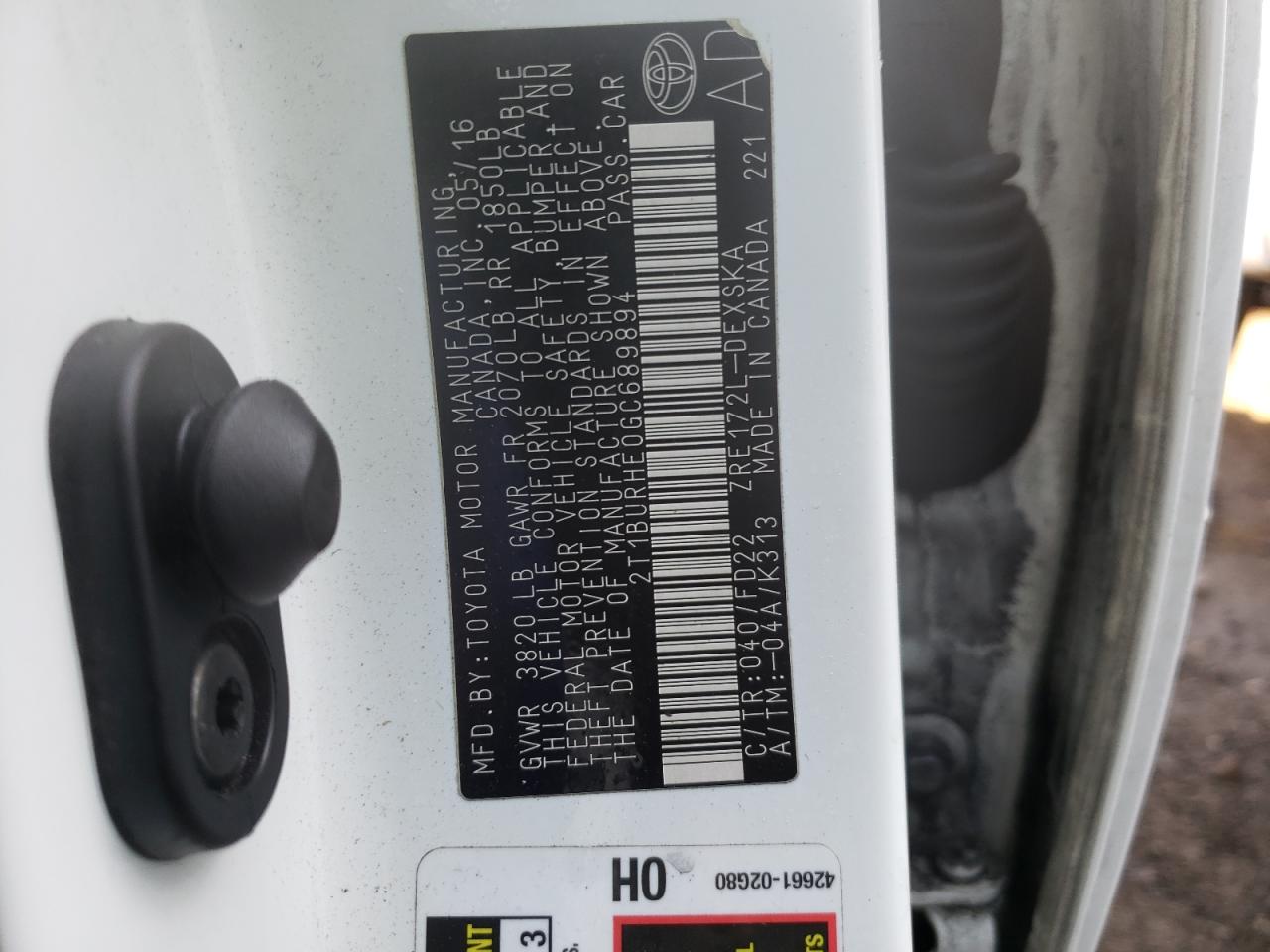 Photo 10 from auction – 2016 TOYOTA COROLLA L with VIN 2T1BURHE0GC689894