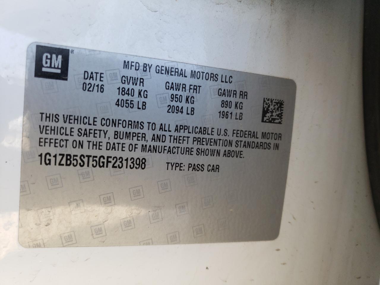 Photo 10 from auction – 2016 CHEVROLET MALIBU LS with VIN 1G1ZB5ST5GF231398