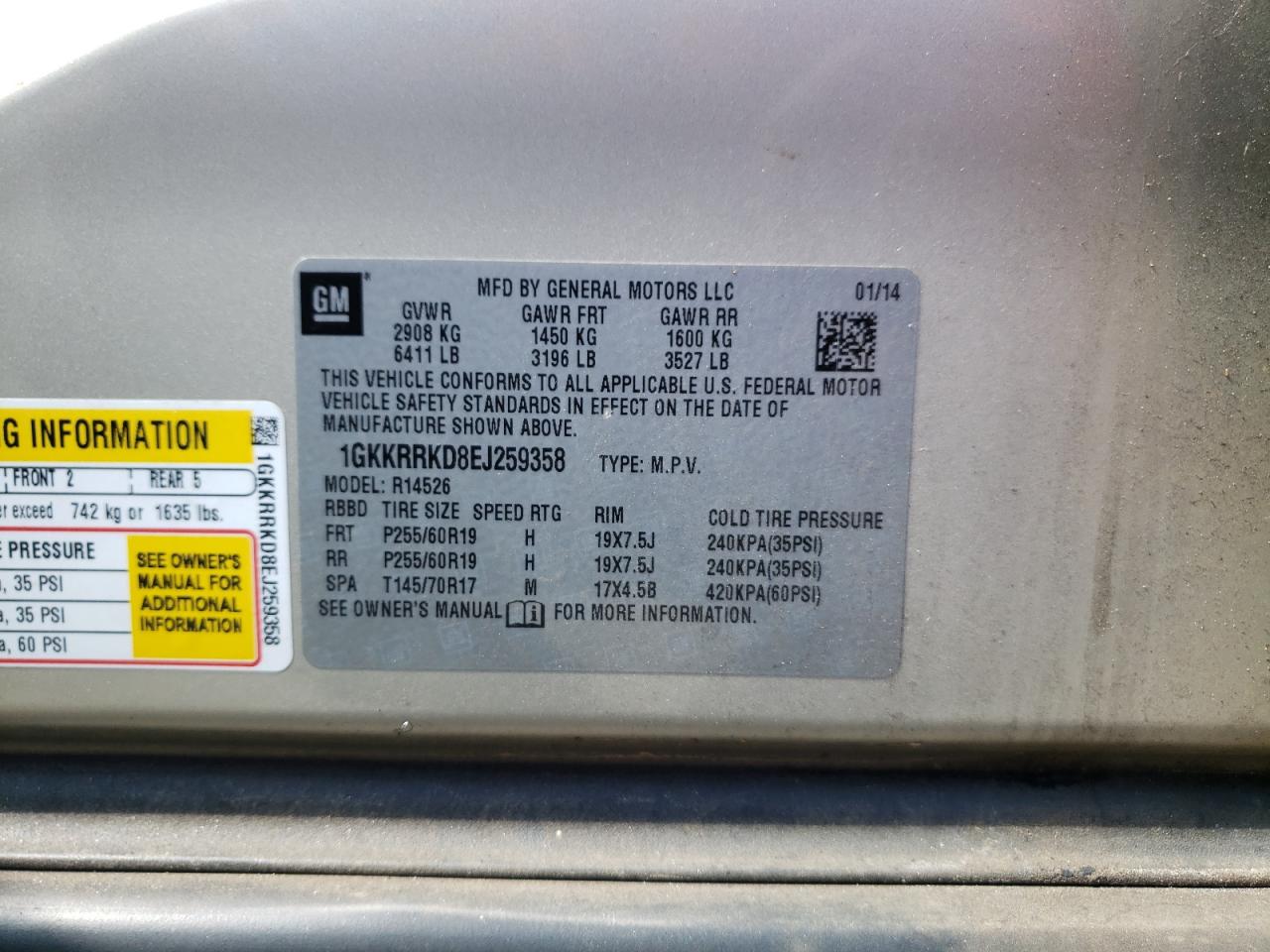 Photo 10 from auction – 2014 GMC ACADIA SLT with VIN 1GKKRRKD8EJ259358