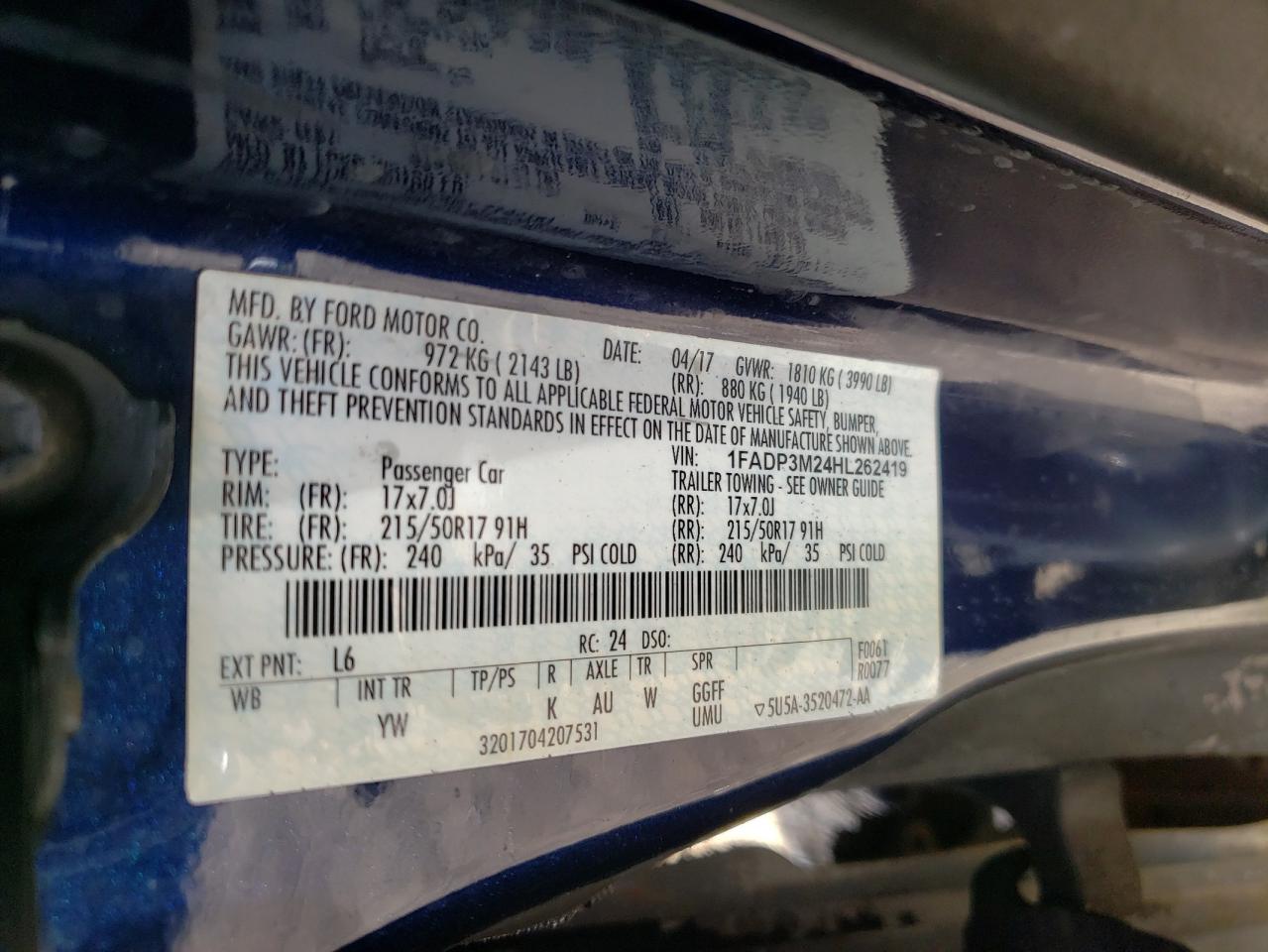 Photo 10 from auction – 2017 FORD FOCUS SEL with VIN 1FADP3M24HL262419