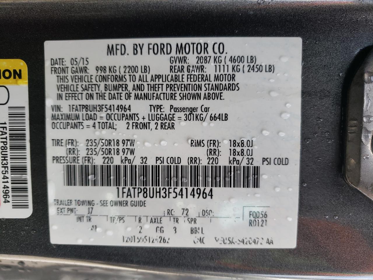 Photo 10 from auction – 2015 FORD MUSTANG with VIN 1FATP8UH3F5414964