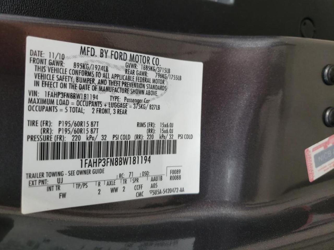Zdjęcie 10 z aukcji – 2011 FORD FOCUS SE z VIN 1FAHP3FN8BW181194